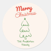 Retro Hand Drawn Green Red Abstract Christmas Tree Ronde Sticker (Voorkant)
