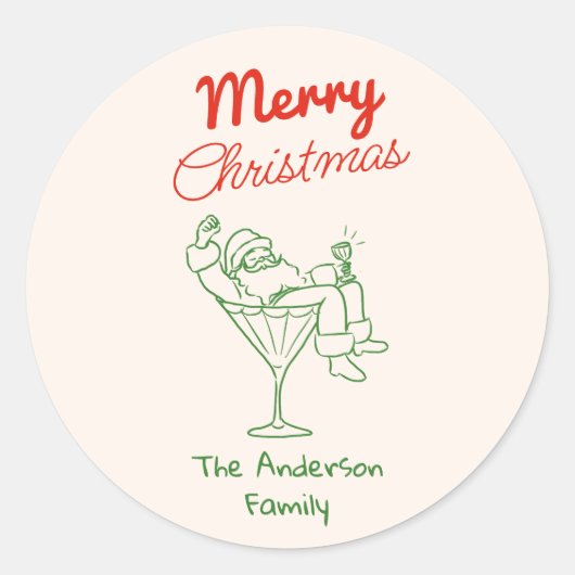 Retro Hand Drawn Green Red Santa Claus Christmas Ronde Sticker (Voorkant)
