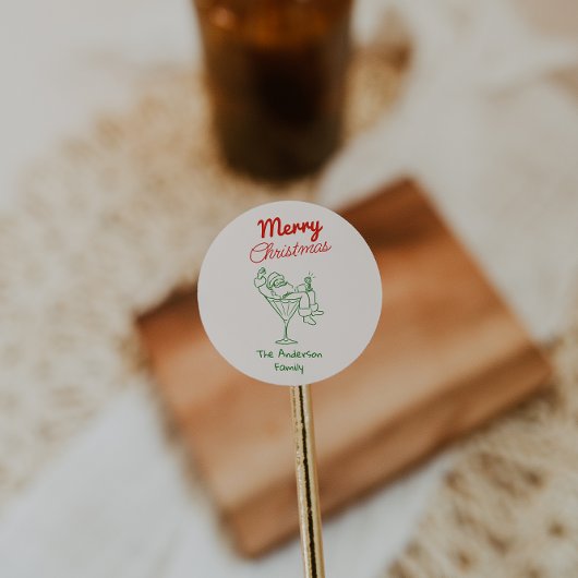 Retro Hand Drawn Green Red Santa Claus Christmas Ronde Sticker