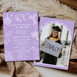 Retro Hand Drawn Lavender Doodle Photo Graduation Kaart