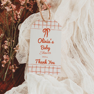 Retro Hand Drawn Neutral Bow Gingham Baby Shower Cadeaulabel