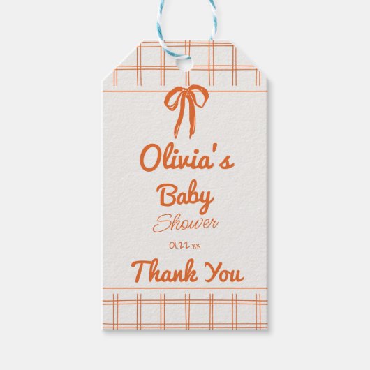 Retro Hand Drawn Neutral Bow Gingham Baby Shower Cadeaulabel (Voorkant)