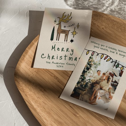 Retro Hand Drawn Painted Reindeer Merry Christmas Feestdagenkaart