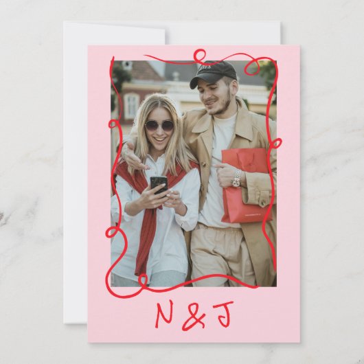 Retro Hand Drawn Pink Red Funky Wedding Kaart (Achterkant)