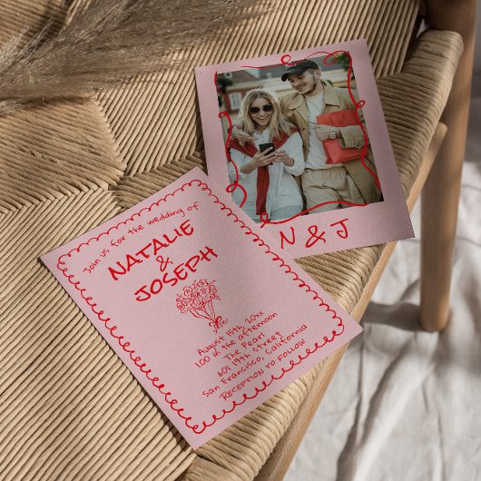 Retro Hand Drawn Pink Red Funky Wedding Kaart