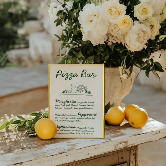 Retro Hand-Drawn Pizza Bar Trouwtafel Teken Kaart