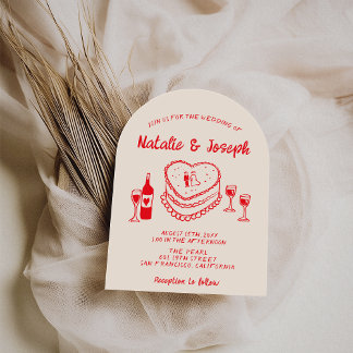 Retro Hand Drawn Red Cake Modern Arched Wedding Kaart