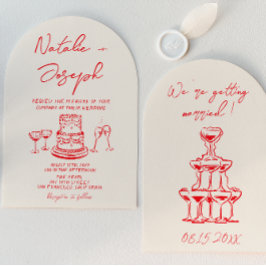 Retro Hand Drawn Red Cake Unique Arched Wedding Kaart