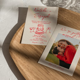 Retro Hand Drawn Red Cake Unique Photo Wedding Kaart