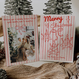 Retro Hand Drawn Red Funny Christmas Trees Bow Feestdagenkaart