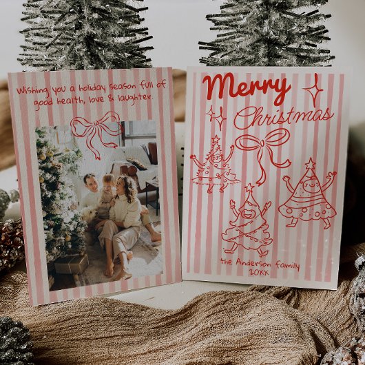 Retro Hand Drawn Red Funny Christmas Trees Bow Feestdagenkaart