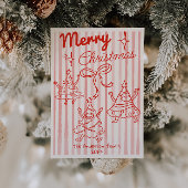 Retro Hand Drawn Red Funny Christmas Trees Bow Feestdagenkaart
