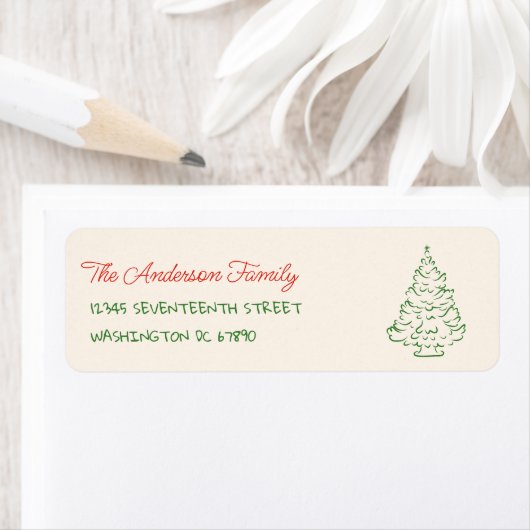 Retro Hand Drawn Red Green Christmas Tree Adress Etiket (Insitu)