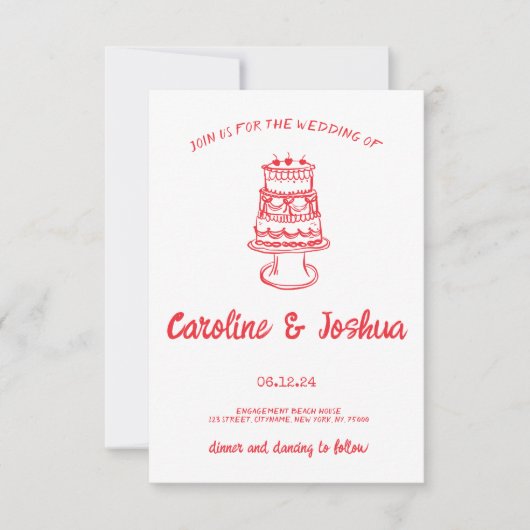 Retro Hand Drawn Red Quirky Cake Modern Wedding  Bedankkaart (Voorkant)