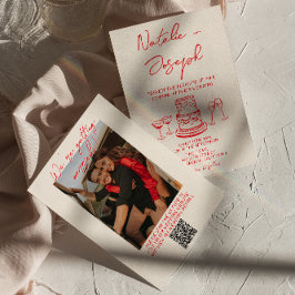 Retro Hand Drawn Red Unique QR Code Photo Wedding Kaart