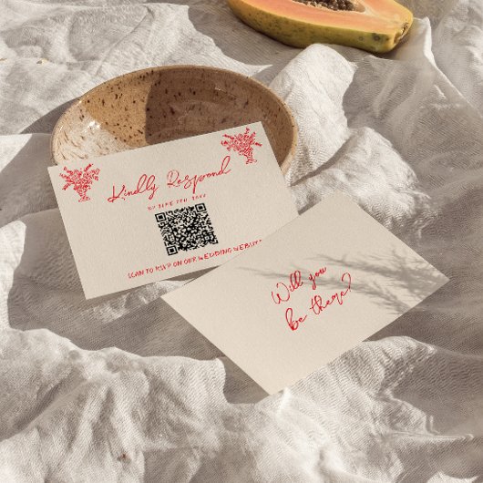 Retro Hand Drawn Red Unique QR Code Wedding RSVP Kaartje