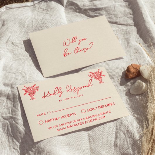 Retro Hand Drawn Red Unique Quirky Wedding RSVP Kaartje