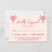 Retro Hand Drawn Red Unique Quirky Wedding RSVP Kaartje (Voorkant)