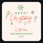 Retro  Hand Drawn Stars Vrolijk Kerstfeest Vierkante Sticker<br><div class="desc">Als u op zoek bent naar een uniek en mooi en eenvoudig bewerkbaar Kerst sticker. Deze is perfect voor jou. Zoals je ziet is het ontwerp voorzien van een rode grillige handgeschreven kalligrafie van KERSTMIS. En groene hand sterren.</div>