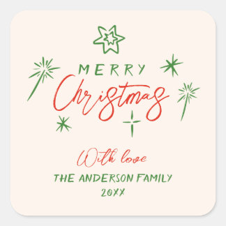 Retro  Hand Drawn Stars Vrolijk Kerstfeest Vierkante Sticker