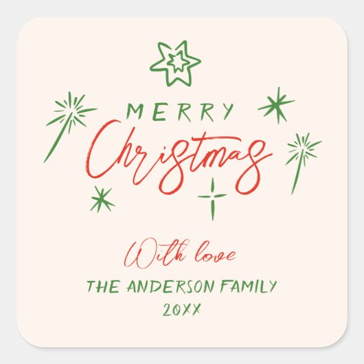 Retro Hand Drawn Stars Vrolijk Kerstfeest Vierkante Sticker (Voorkant)