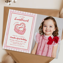 Retro Hand Drawn Valentine First Birthday Photo Kaart