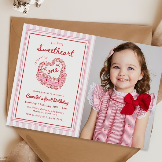 Retro Hand Drawn Valentine First Birthday Photo Kaart