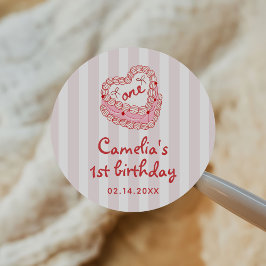 Retro Hand Drawn Valentine Girl First Birthday Ronde Sticker