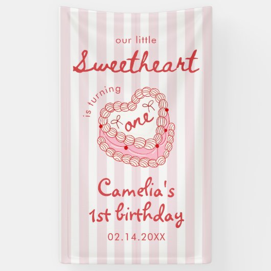 Retro Hand Drawn Valentine Girl First Birthday Spandoek (Verticaal)