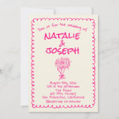 Retro Hand Drawn Vivid Pink Modern Photo Wedding Kaart (Voorkant)