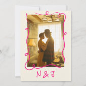 Retro Hand Drawn Vivid Pink Modern Photo Wedding Kaart (Achterkant)