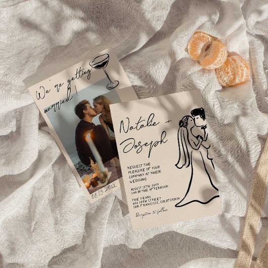 Retro Hand Drawn Written Couple Photo Wedding Kaart