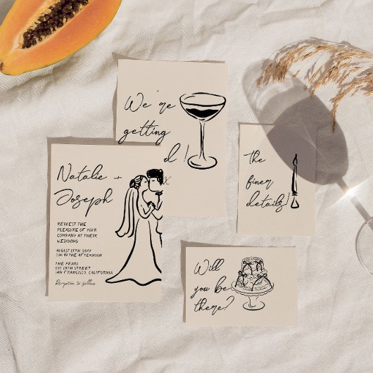 Retro Hand Drawn Written Couple Quirky Wedding Kaart