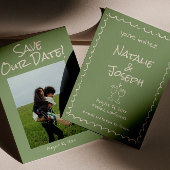 Retro Hand Drawn Written Green Funky Photo Wedding Save The Date