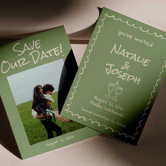 Retro Hand Drawn Written Green Funky Photo Wedding Save The Date