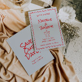 Retro Hand Drawn Written Red Quirky Funky Wedding Save The Date