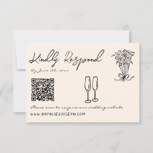 Retro Hand Geschreven Getekend Eigenzinnige QR Cod RSVP Kaartje (Voorkant)