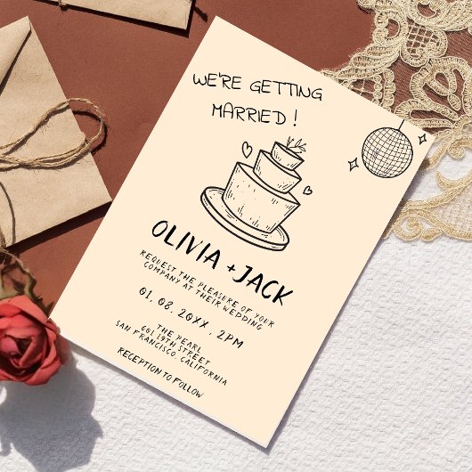 Retro Hand Geschreven Getekend Taart Scribble Wedd Kaart