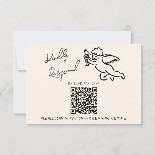 Retro Hand Geschreven Getrokken Cupido QR Code Bru RSVP Kaartje (Voorkant)