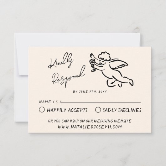 Retro Hand Geschreven Getrokken Cupido Quirky Brui RSVP Kaartje (Voorkant)