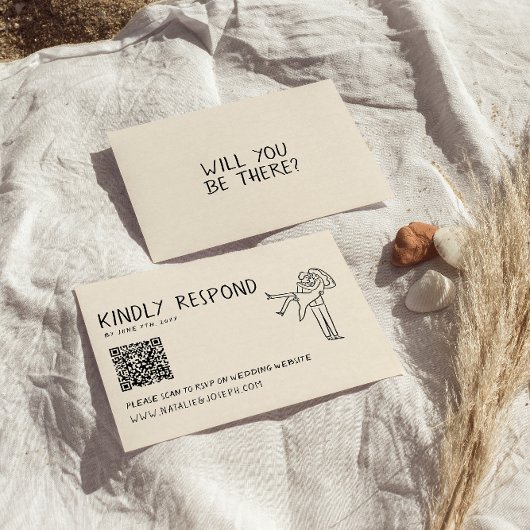 Retro Hand Geschreven Getrokken QR Code Unieke Huw RSVP Kaartje