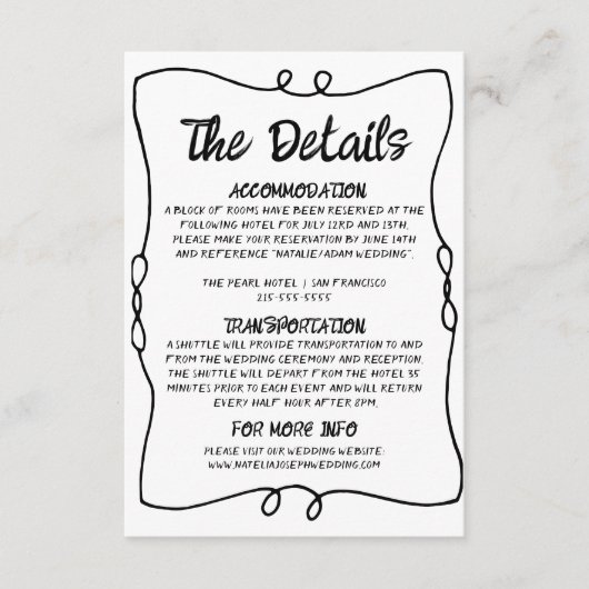 Retro Hand geschreven Lijst Modern bruiloft Detail Informatiekaartje (Voorkant)