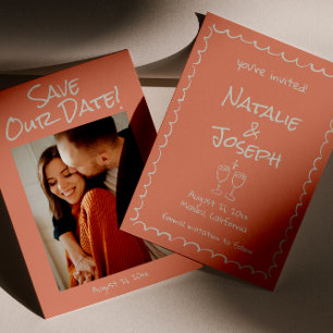 Retro Hand Getekend Geschreven Koraal Foto Funky W Save The Date