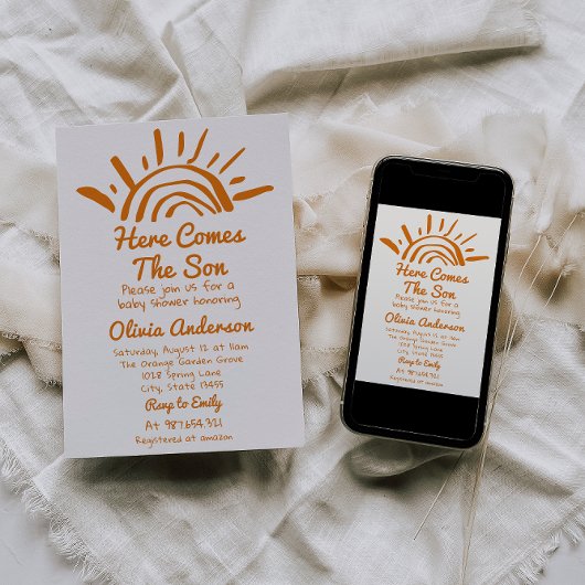 Retro Hand Getekend Hier Komt De Zoon Baby Shower Kaart