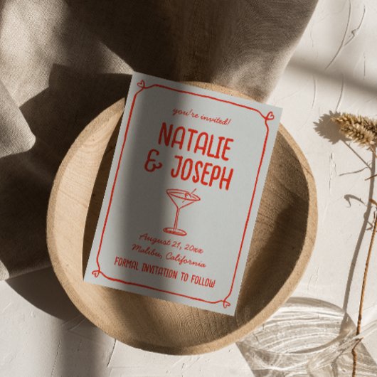 Retro Hand getekend Rood Blauw Cocktail Funky Wedd Save The Date