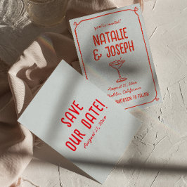 Retro Hand getekend Rood Blauw Cocktail Funky Wedd Save The Date