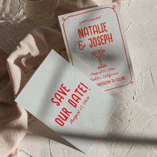 Retro Hand getekend Rood Blauw Cocktail Funky Wedd Save The Date