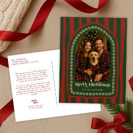 Retro Hand getekend Rood Groen Boog Foto Feestdagenkaart