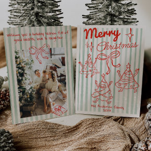 Retro Hand getekend Rood & Groen Grappige Kerstbom Feestdagenkaart