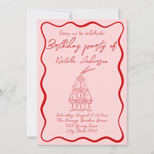 Retro Hand getekend Rood Roze Wavy 70s Verjaardags Kaart (Voorkant)